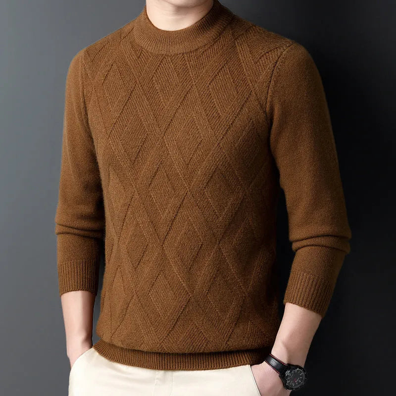 Men's diamond jacquard winter sweater in light camel colour, wool blend fabric