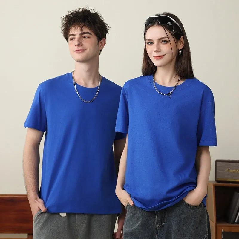 Round neck pure cotton summer T-shirt in solid colour loose pullover style for youth