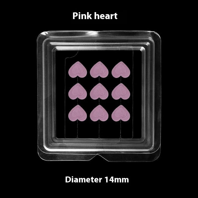 Nine transparent 14mm hyaluronic acid acne patches with microneedles in assorted pink designs