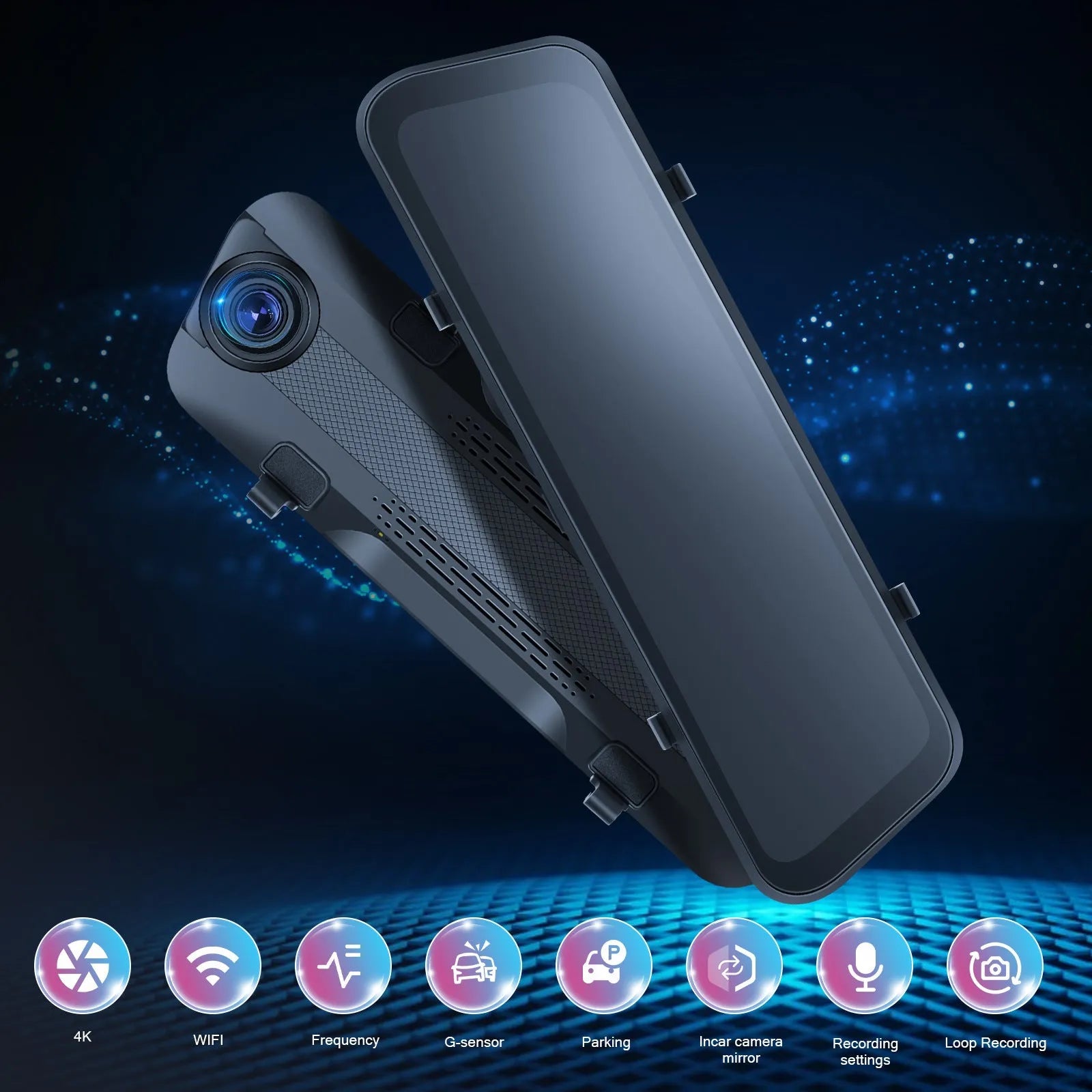 Car streaming media rear view mirror dash cam with 9.66 inch touch screen showing dual camera display