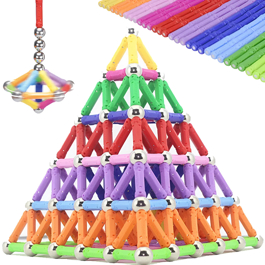 Magnetic building block toy with wooden rods, curved pieces, and 2.7cm balls for construction play