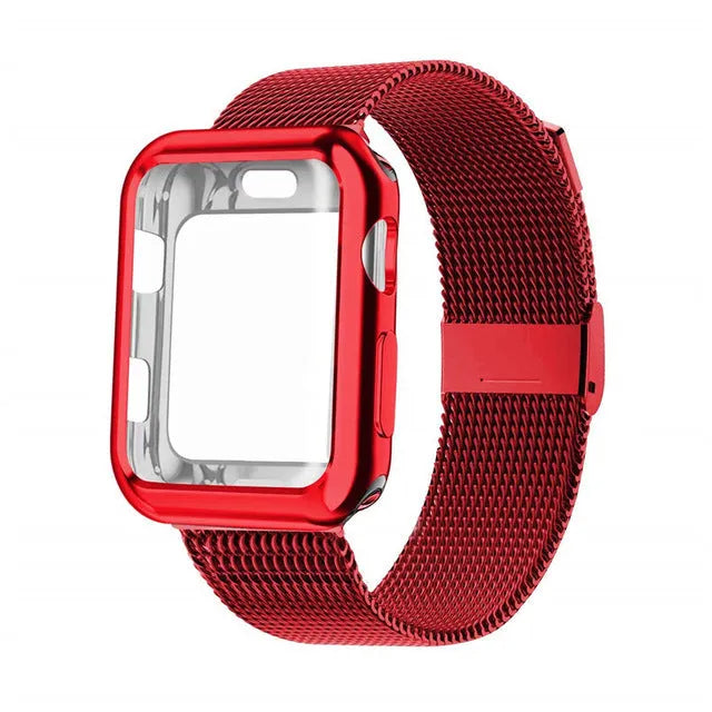 Silver magnetic Milanese loop strap attached to an Apple Watch on a wrist, showing the adjustable magnetic clasp.