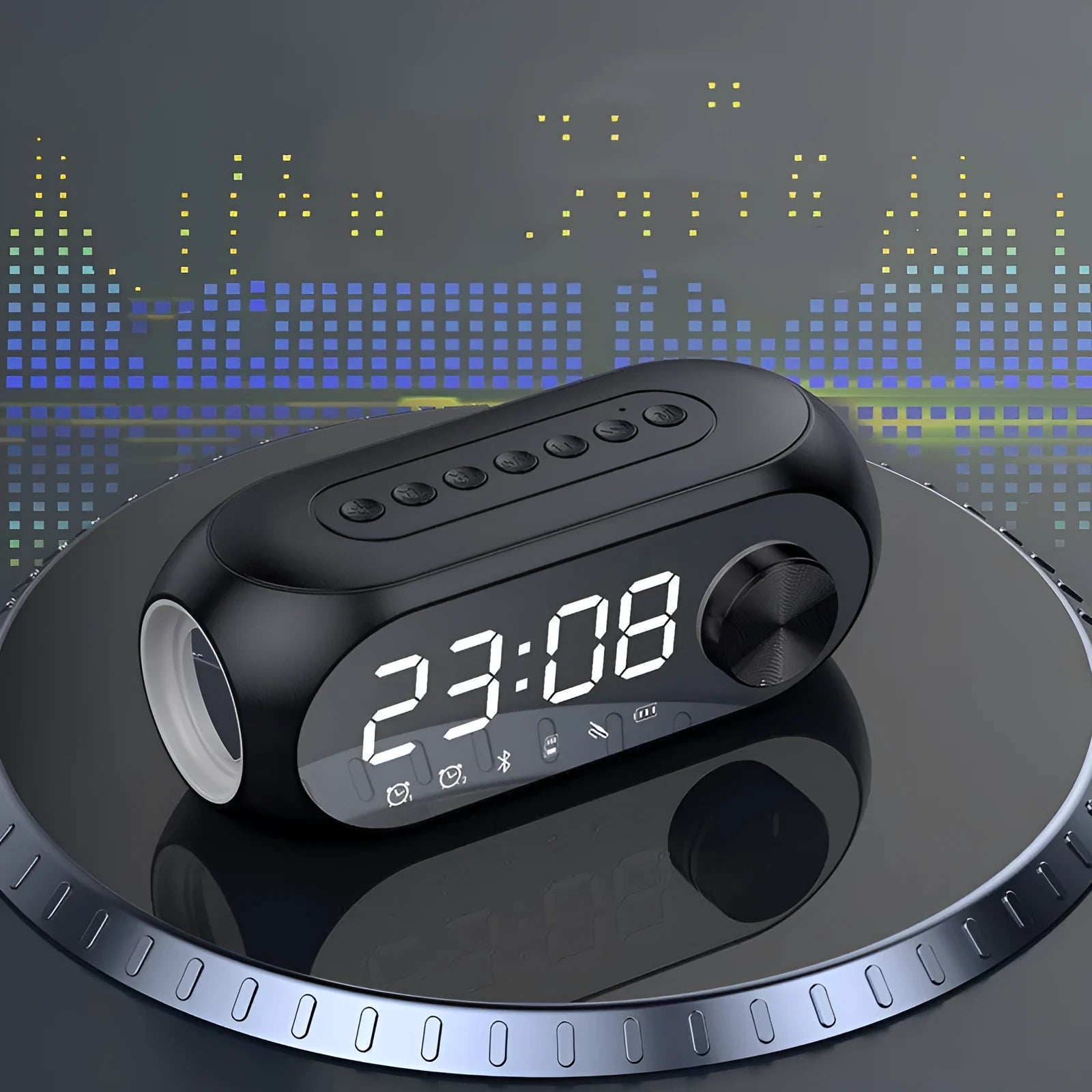 S8 Black portable Bluetooth speaker with extra bass and a digital clock display on its front.