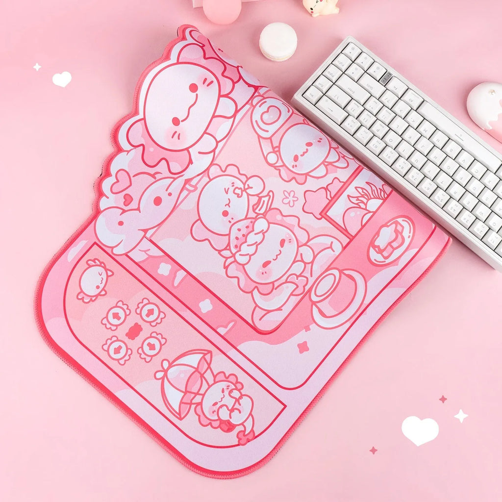 Large rectangular cloth mouse pad with hexagonal dragon crane machine cartoon design, shown on a desk.