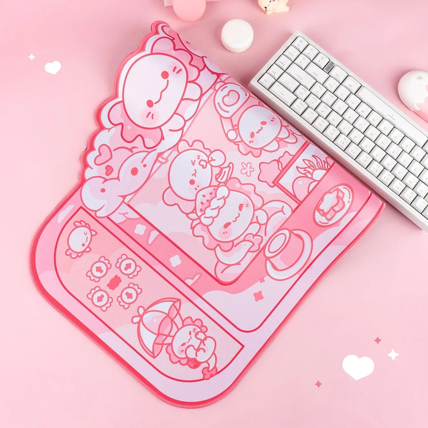 Large rectangular cloth mouse pad with hexagonal dragon crane machine cartoon design, shown on a desk.