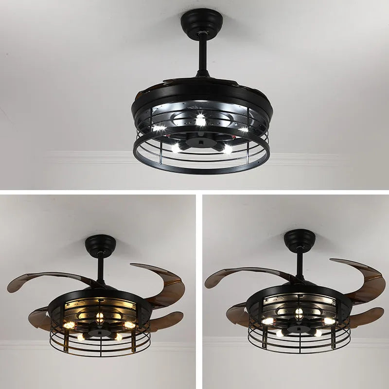American retro-style ceiling fan lamp with retracted acrylic blades and integrated light shade, remote control on table.