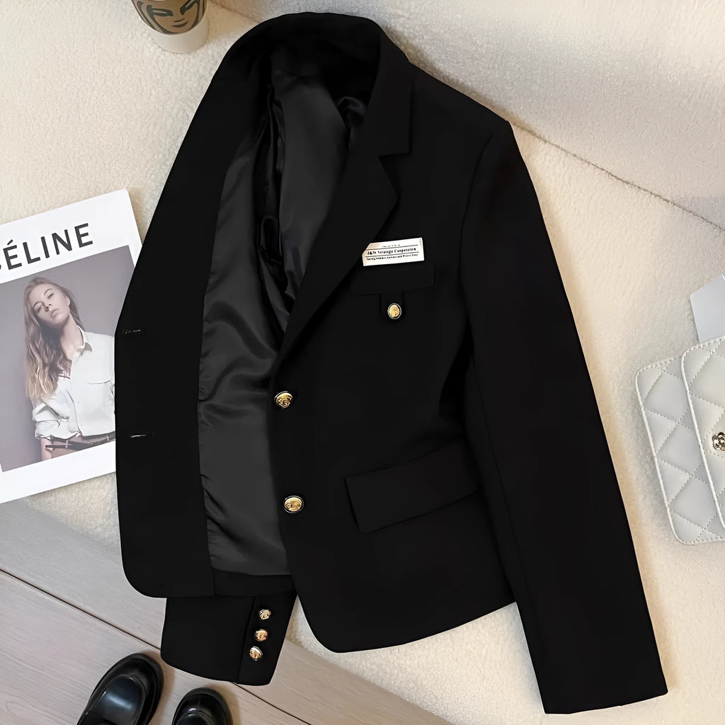Black women's short suit coat with loose fit and long sleeves for college and commuting wear