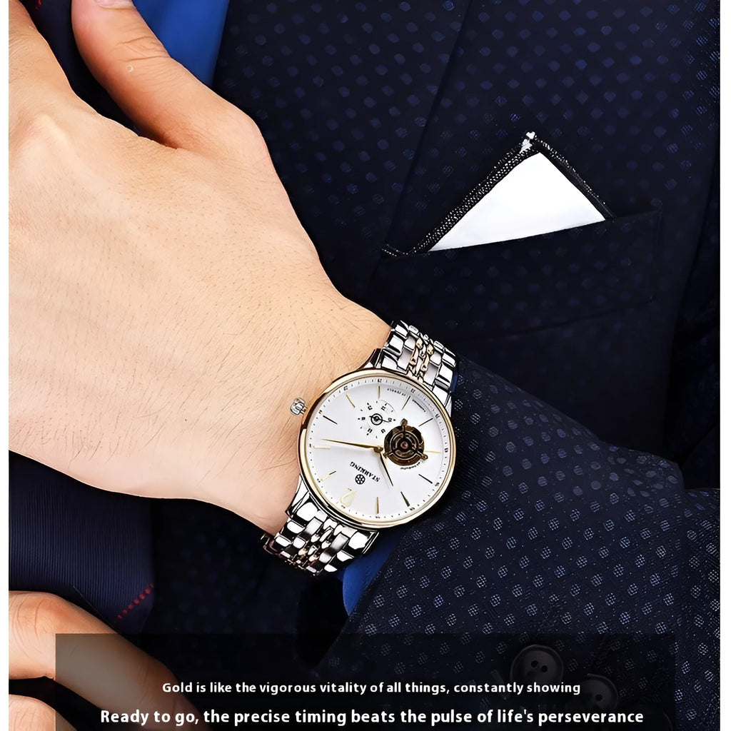 Automatic mechanical men's business watch with brown leather strap and stainless steel case.