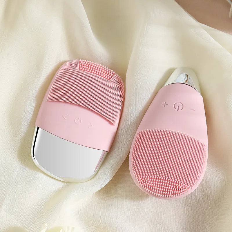 Silicone electric facial cleanser brush with ultrasonic vibration and 3 gears, shown in Lake Blue and Cherry Blossom Powder