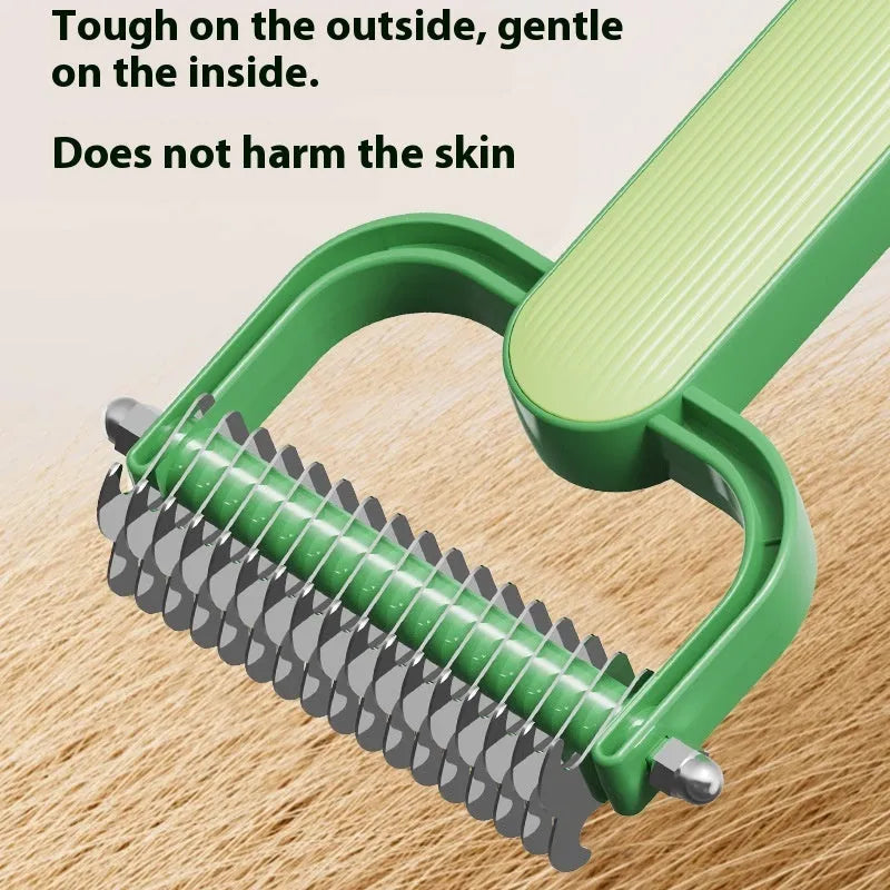 Green and grey dog de-matting combs in small and large sizes, showing angled stainless steel teeth.