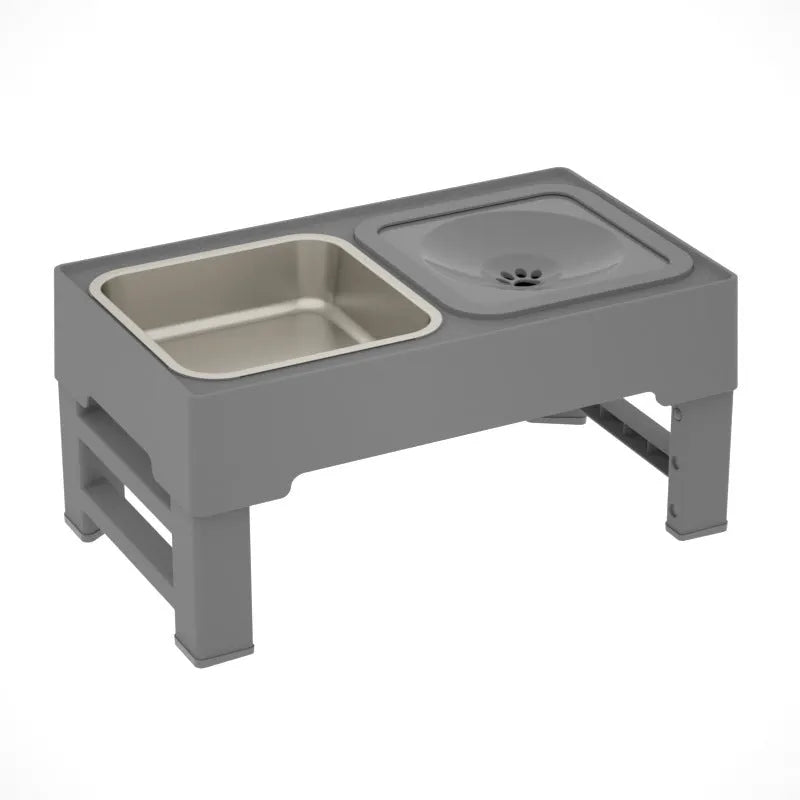 Adjustable height black dog feeding stand with two stainless steel bowls on non-slip base
