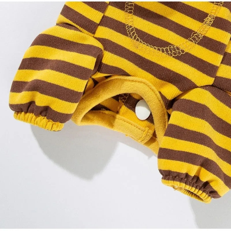 Dog pajama suit with yellowish-brown bee pattern on stripes, four-legged design, and lapel collar for small pets