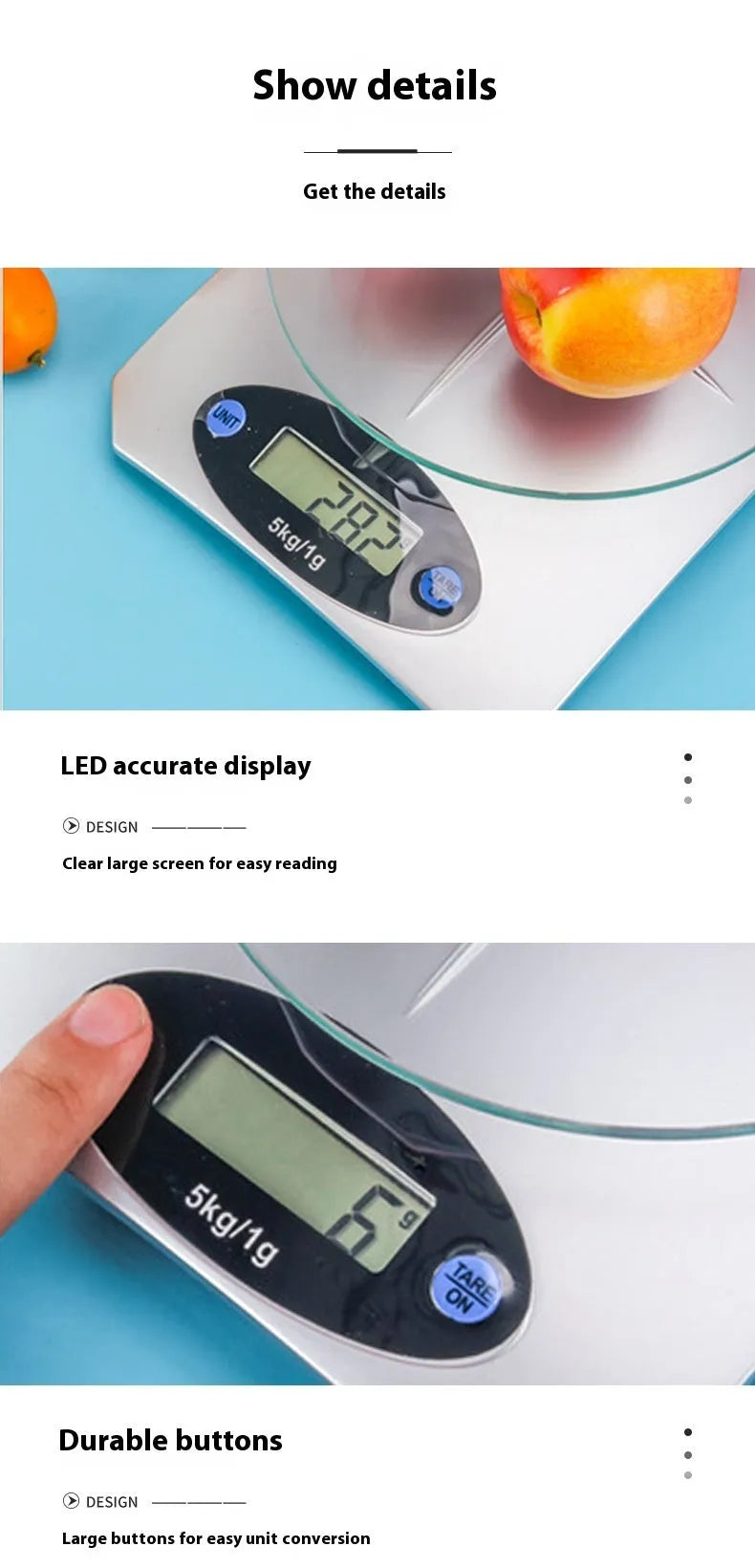 Silver white mini kitchen electronic scale, battery-powered, simple compact design for weighing