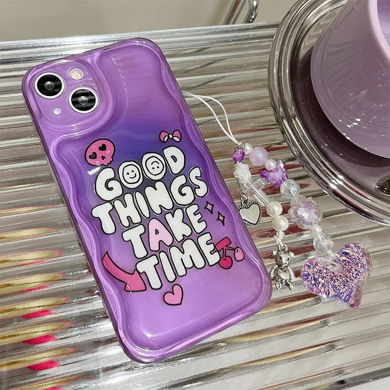 Purple graffiti English love pendant design iPhone case with attached bracelet.