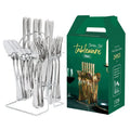 24-piece gold stainless steel cutlery set with knives, forks, spoons and storage rack