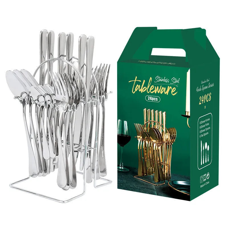 24-piece gold stainless steel cutlery set with knives, forks, spoons and storage rack