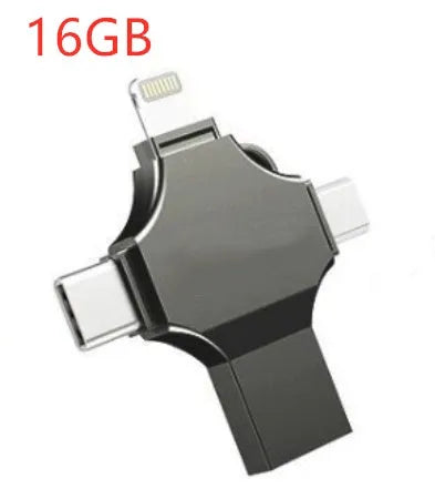 Silver metal 4-in-1 USB 3.0 flash drive with iOS, Micro USB, Type-C, and USB connectors for mobile phone and computer data transfer