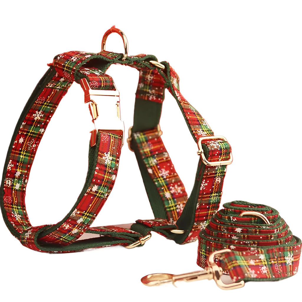 Green snowflake pattern pet collar set with matching dog vest, leash and decorative bow tie