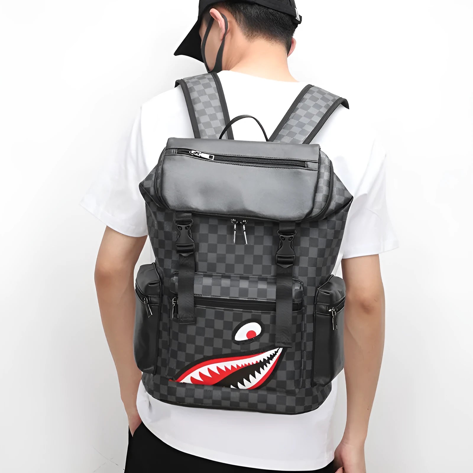 Korean casual checkered pattern large capacity backpack in black PU leather.