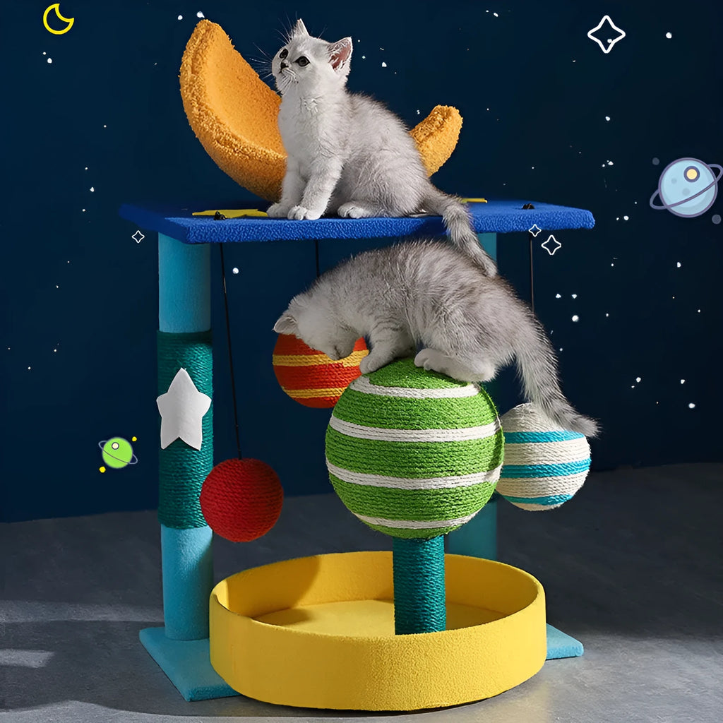Star-shaped cat climbing frame with teddy velvet shelf nest and sisal scratching post in medium size cartoon style