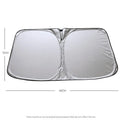 Titanium silver aluminium foil car sunshade folded, showing reflective surface and size options.