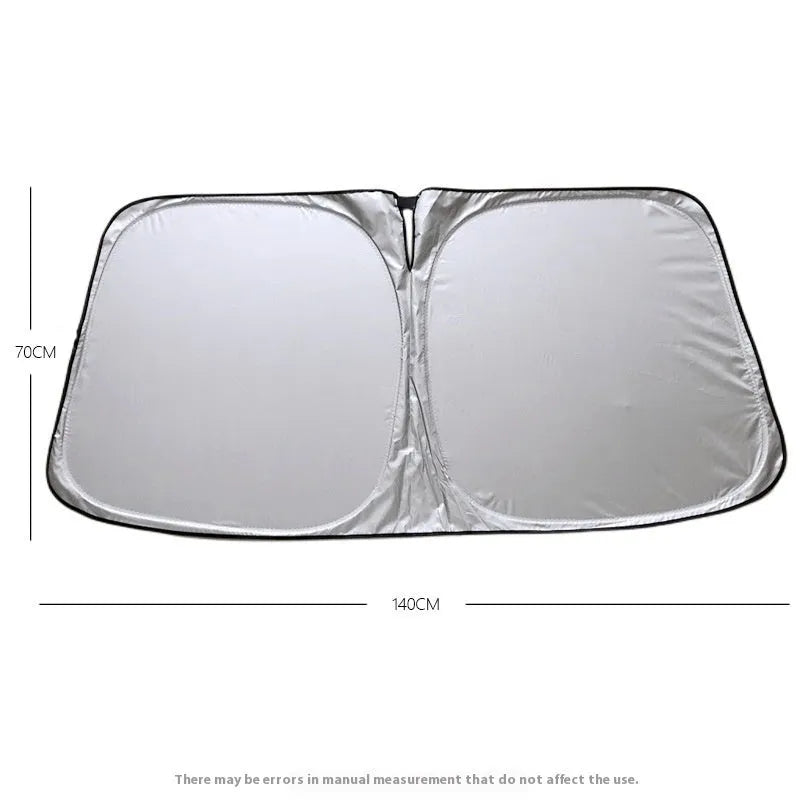 Titanium silver aluminium foil car sunshade folded, showing reflective surface and size options.