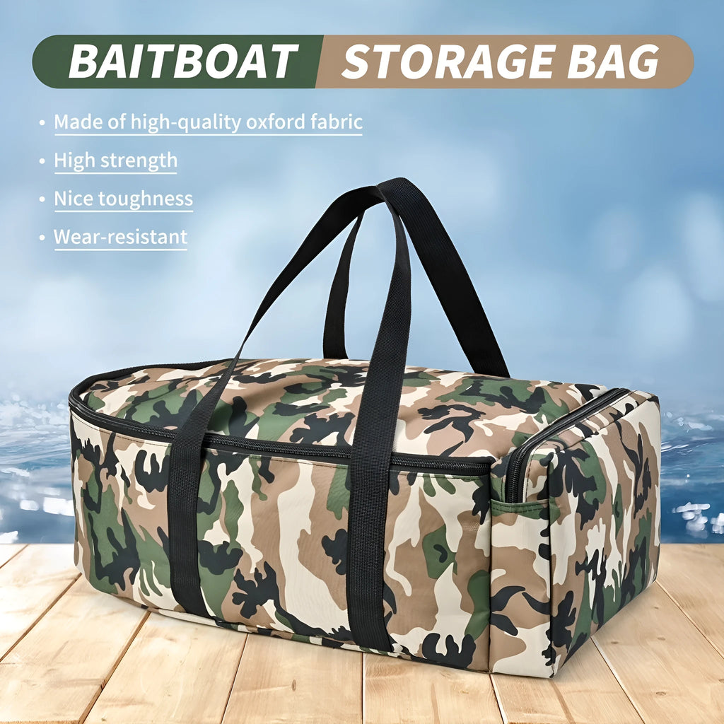 Portable 1000D polyester fishing boat storage bag holds fishing boat and remote control, available in camouflage colour.