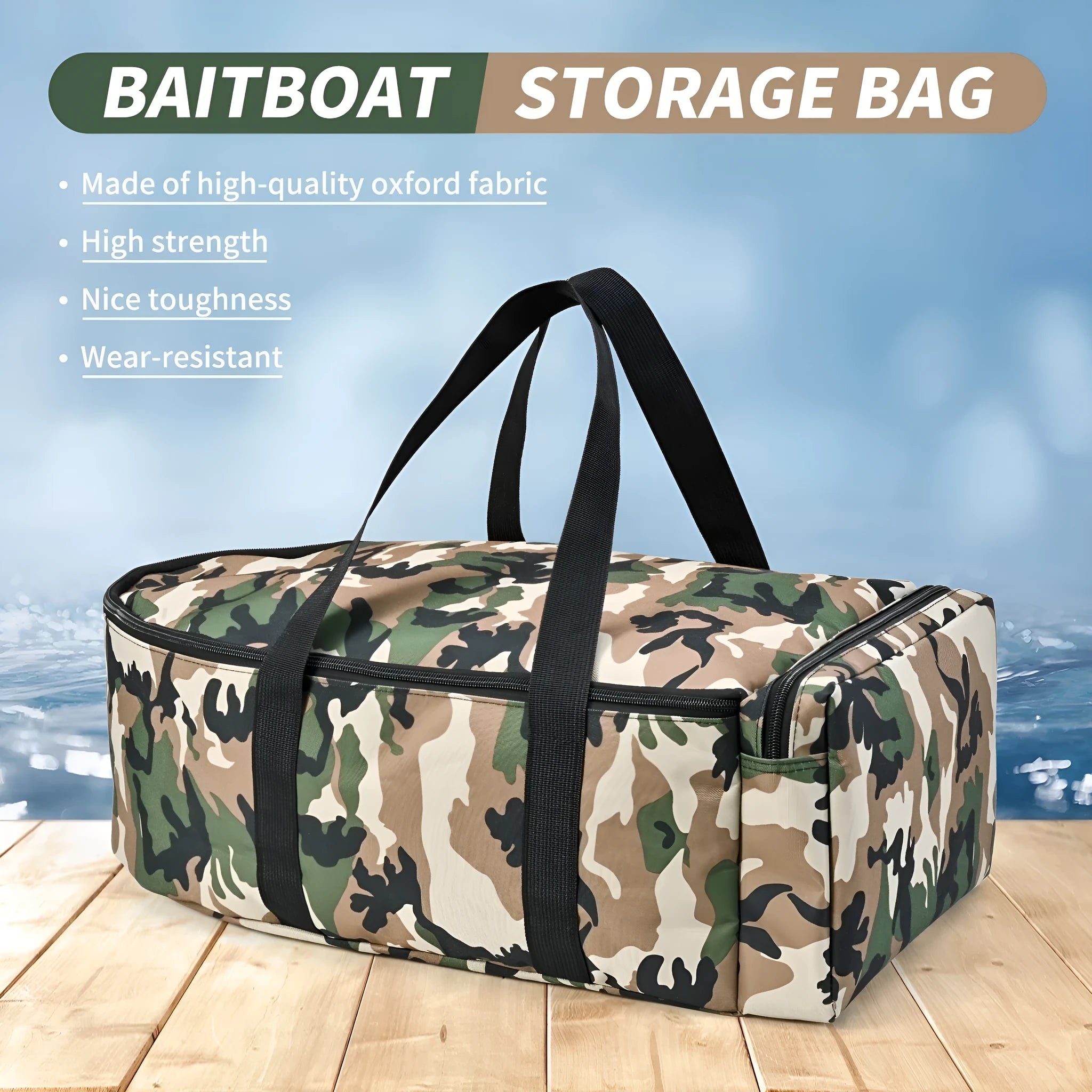 Portable 1000D polyester fishing boat storage bag holds fishing boat and remote control, available in camouflage colour.