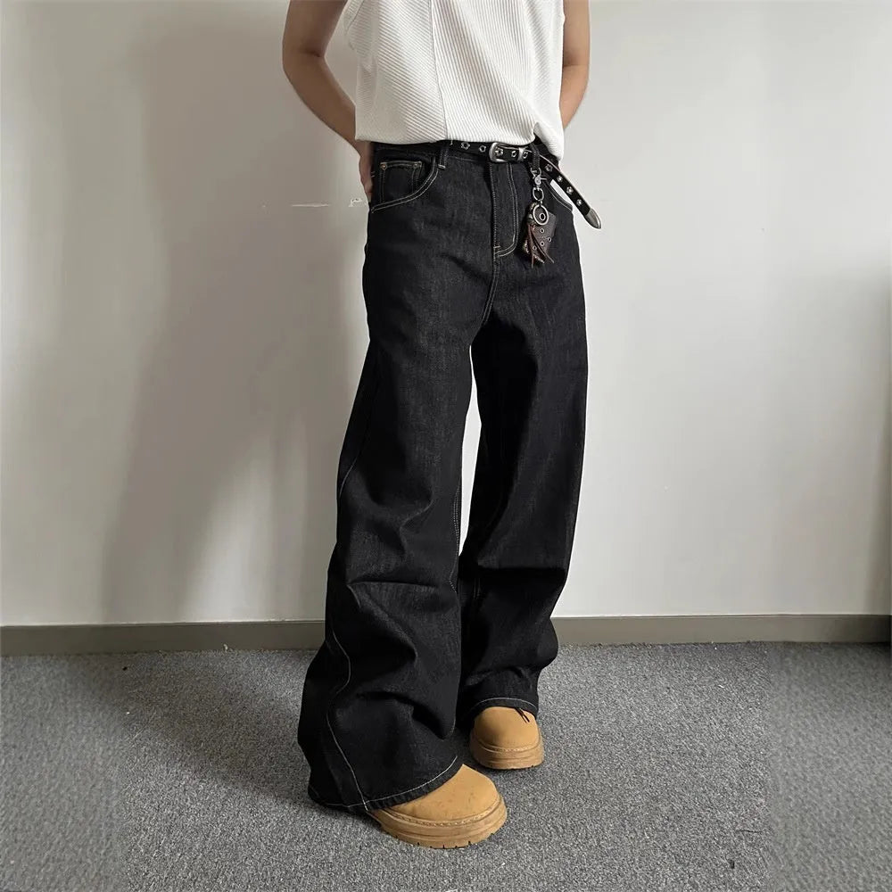 Black retro wide-leg straight jeans with mid-waist design and zip closure