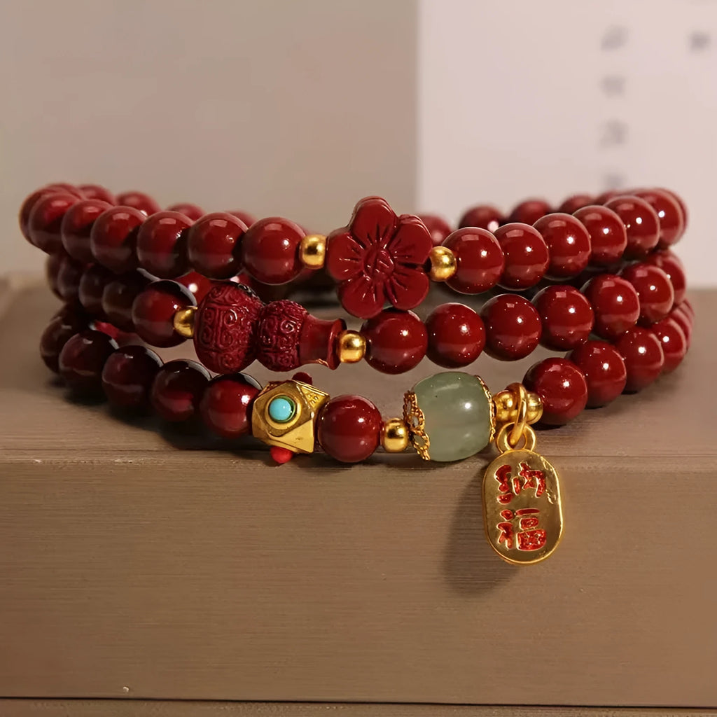 Women's multi-circle cinnabar bracelet with gourd and five petal flower design