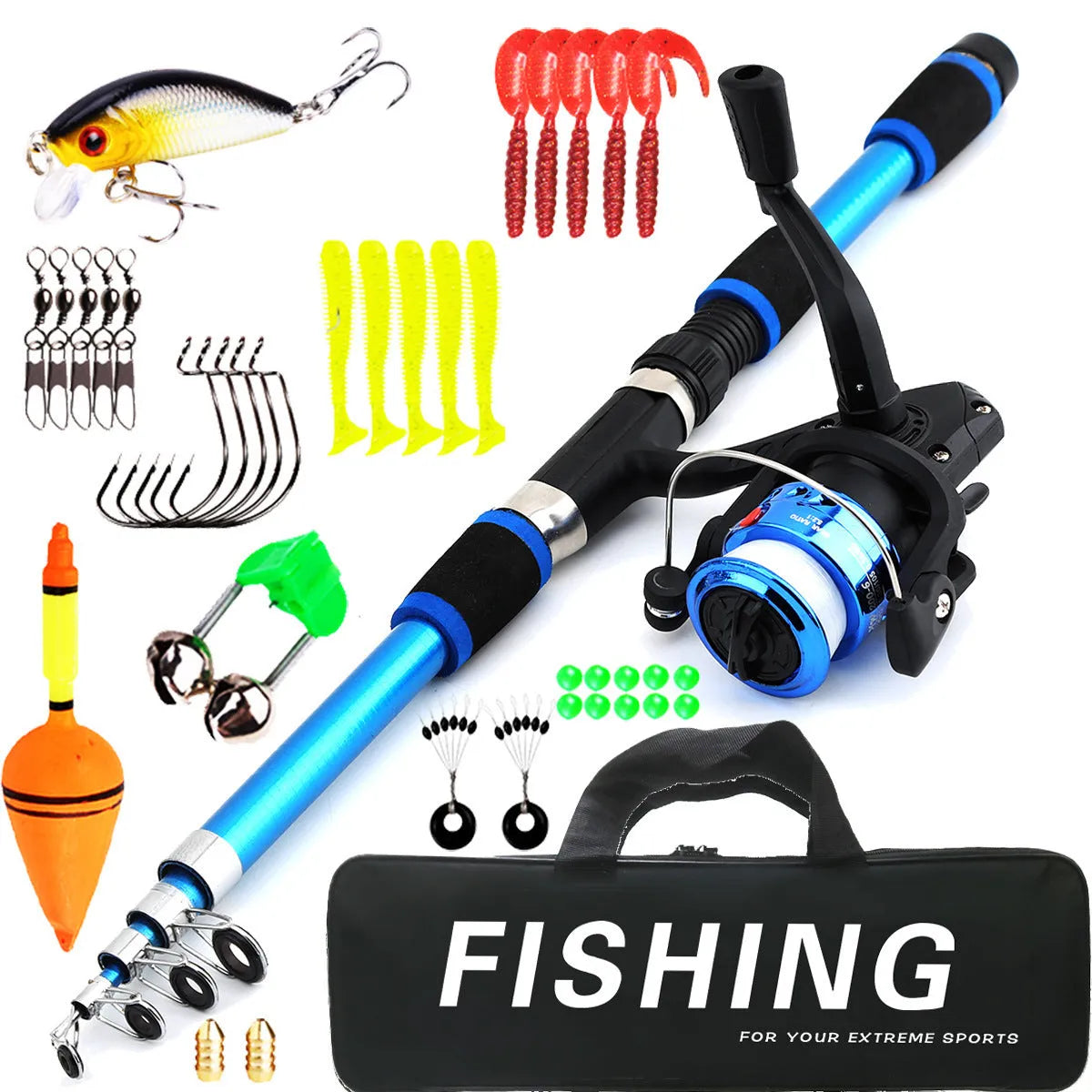 Blue children's fishing rod and reel set with matching tackle box on a grassy bank.