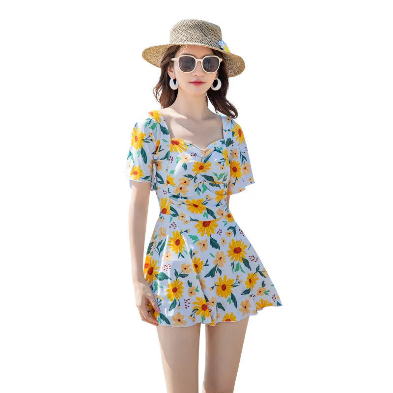 Women's dress-style slimming swimsuit with floral printed pattern in polyester fibre