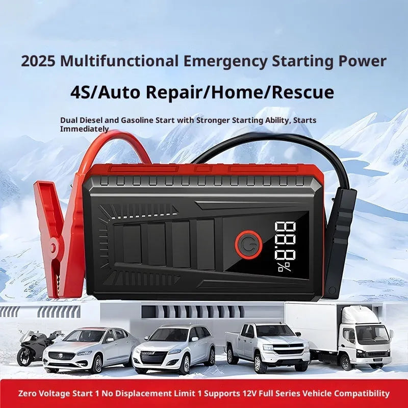Portable car jump starter with 1500mAh battery, 1000A peak current, and storage bag for emergency ignition