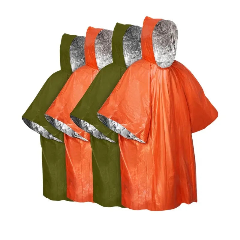Marathon Wild adult rain poncho laid flat, shown in orange and army green colours, with dimensions 100cm by 130cm.