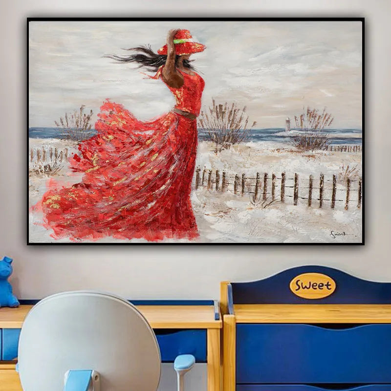 Hand-painted oil painting on canvas of a girl in a red dress, seaside abstract people design, rolled and unframed wall art.