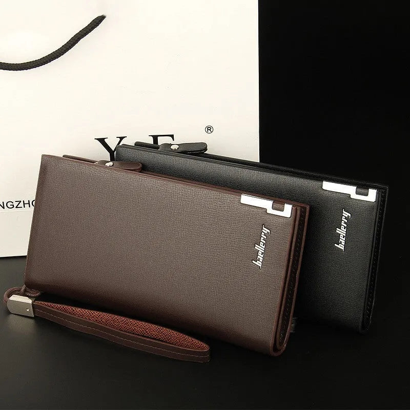 Men's black PU leather wallet with a long silver zipper closure shown open