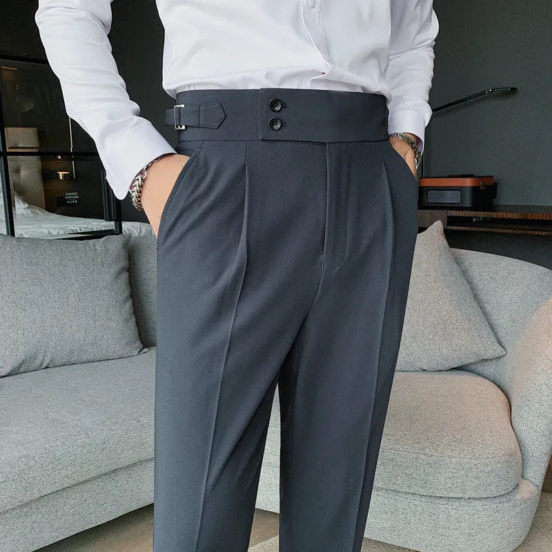 Straight-leg casual trousers in polyester fabric shown in a solid colour on a model.