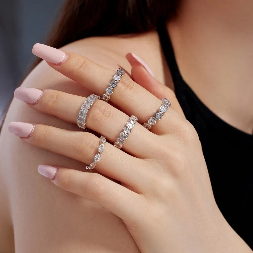 S925 sterling silver women's ring with heart geometric design in platinum colour option, available in sizes No 6 to No 9