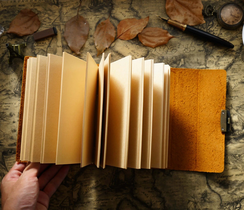 Vintage cowhide leather notebook journal with blank brown paper and retro password book cover in Carved brown or Crazy Horse brown, A5 A6 A7