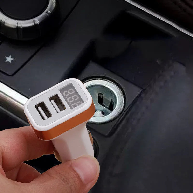 Mini digital display car charger with dual USB ports in gold or silver finish