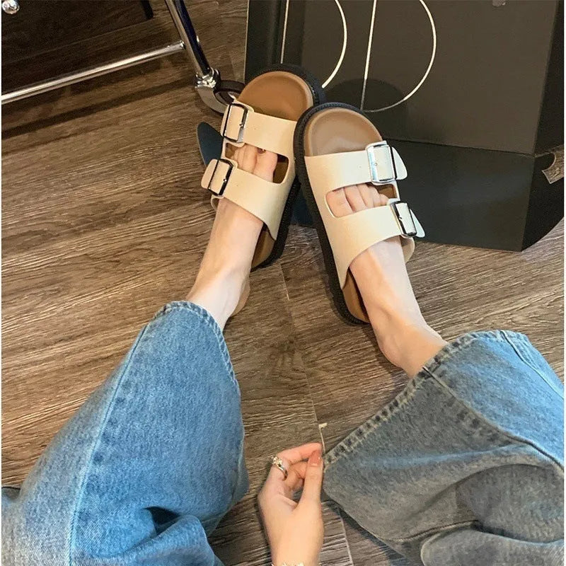 Women's casual half slippers with belt buckle, round toe, microfiber upper, rubber sole