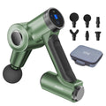 Metallic grey massage fascia gun with six massage heads and black travel case