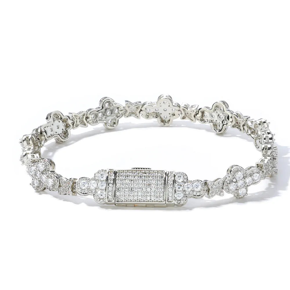 10mm hip hop cross star zircon bracelet in gold or platinum, 7 8 or 9 inches, unisex metal design.