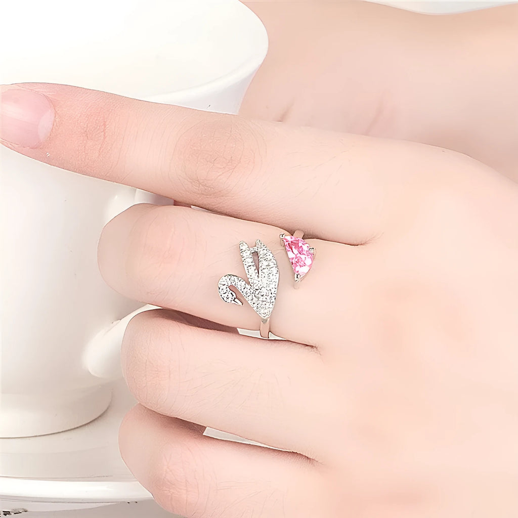 Adjustable open swan ring with zircon crystal in rose gold or white gold plated finish, unisex fashion finger ring