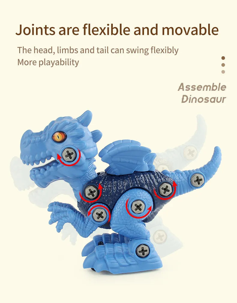 Six assembled dinosaur building block toys made from ABS plastic on a table