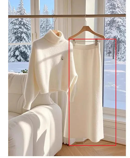 White knitted sweater skirt suit with long sleeve top and long skirt for women, sizes S-3XL.