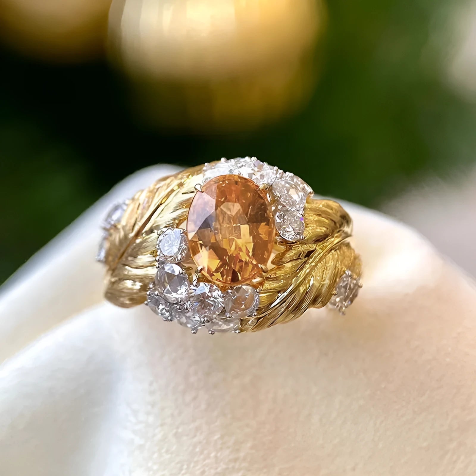 Gold-coloured copper ring with embossed feather pattern and yellow zircon stone.
