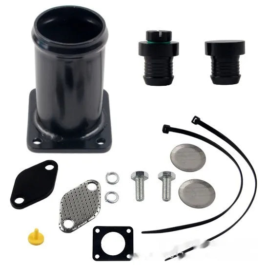 BMW E46 diesel EGR delete kit showing black anodised removal pipe, blanking plates, bolts, and vacuum plug