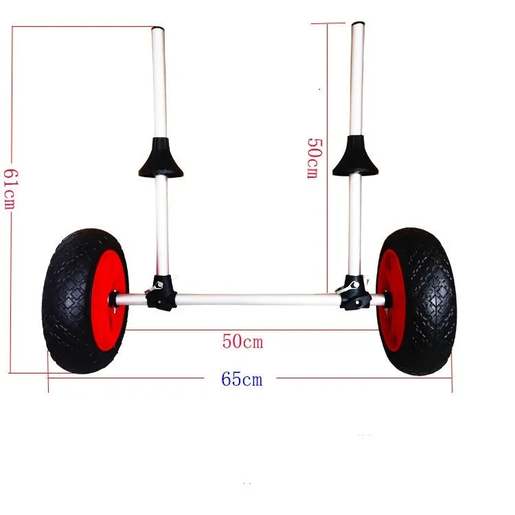 Foldable aluminium kayak cart with wide rubber tyres and a platform, shown folded and assembled.