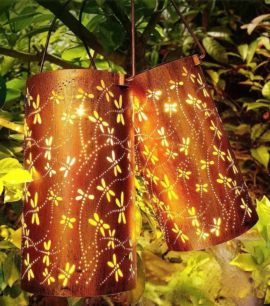 Solar courtyard ceiling lamp with iron hanging construction and weatherproof design